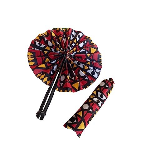 Decor Handmade African Fan-Round Folding Handheld Fan for Costume, Dance, Party, Festival, Summer, Home Decor - Traditional Ankara Fabric Fan with Colorful Ethnic Print, Leather Handle (Design 11)