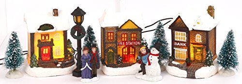 Decor Miniature LED Lighted 10-Piece Christmas Village Scene with Santa - Small Decorative Mini Light Up Tabletop Mantel Shelf Xmas Winter Decorations Home Decor