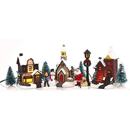 Decor Miniature LED Lighted 10-Piece Christmas Village Scene with Santa - Small Decorative Mini Light Up Tabletop Mantel Shelf Xmas Winter Decorations Home Decor