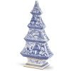 Decor Blue and White Christmas Tree Figurine ?C Dolomite Holiday Decoration with Gold Metallic Accents