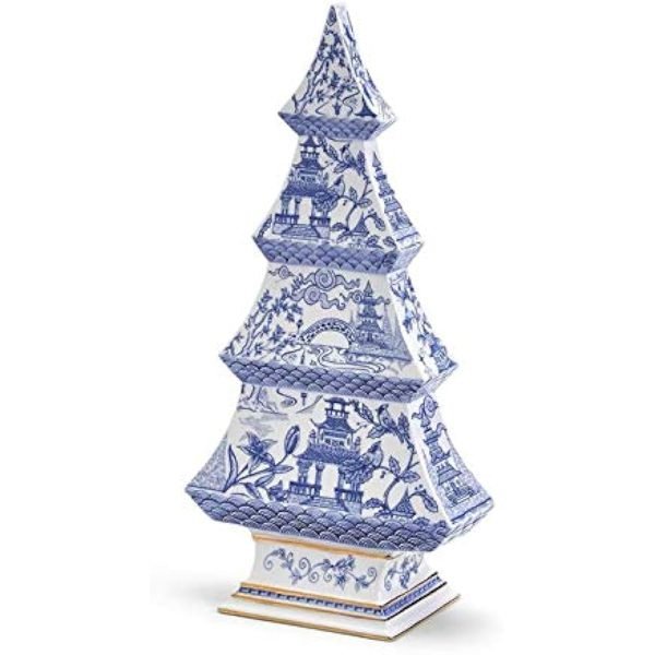 Decor Blue and White Christmas Tree Figurine ?C Dolomite Holiday Decoration with Gold Metallic Accents
