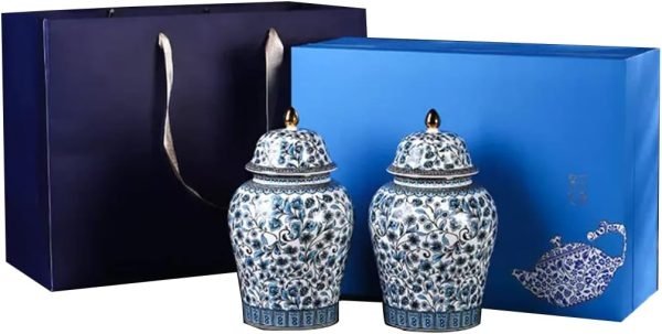 Decor 2 Pack Chinese Enamel Porcelain Ginger Jar Vase With Lid and Gift Box,Decorative Ceramic Temple Jar Vase Tea Storage Jar With Lid Decor for Living Room Bedroom Shelf B (B)