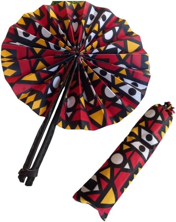 Decor Handmade African Fan-Round Folding Handheld Fan for Costume, Dance, Party, Festival, Summer, Home Decor - Traditional Ankara Fabric Fan with Colorful Ethnic Print, Leather Handle (Design 11)