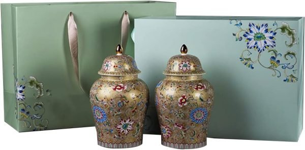 Decor 2 Pack Chinese Enamel Porcelain Ginger Jar Vase With Lid and Gift Box,Decorative Ceramic Temple Jar Vase Tea Storage Jar With Lid Decor for Living Room Bedroom Shelf B (B)
