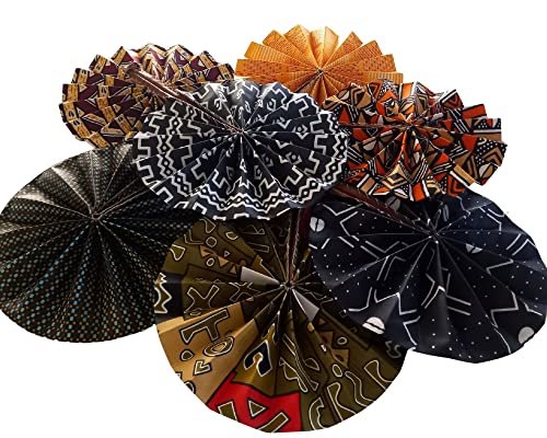 Decor Handmade African Fan-Round Folding Handheld Fan for Costume, Dance, Party, Festival, Summer, Home Decor - Traditional Ankara Fabric Fan with Colorful Ethnic Print, Leather Handle (Design 11)