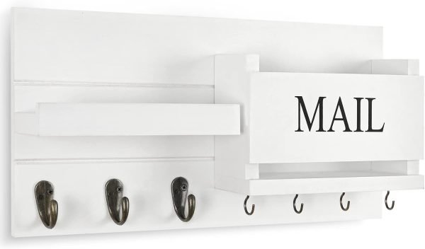 Decor Organizer for Wall Mount ?C Key Holder with Shelf Includes Letter Holder and Hooks for Hallway Farmhouse Decor ?C Rustic Wood with Flush Mounting Hardware (16.5?? x 9.1?? x 3.4??) (White)