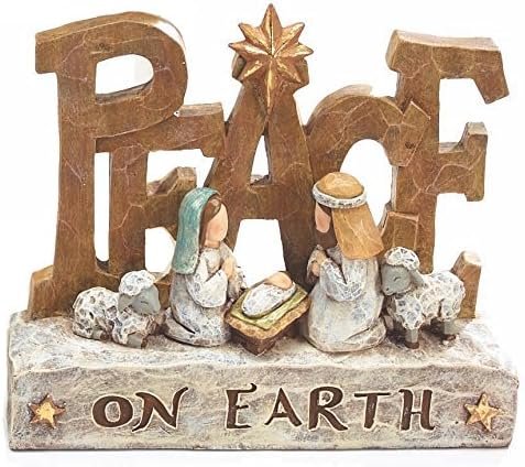 51keuX78uML._AC Decor Sculpted Nativity Scene Figures with Christmas Messages - Tabletop Holiday Decorations (Peace)