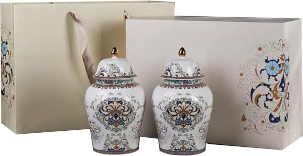 Decor 2 Pack Chinese Enamel Porcelain Ginger Jar Vase With Lid and Gift Box,Decorative Ceramic Temple Jar Vase Tea Storage Jar With Lid Decor for Living Room Bedroom Shelf B (B)