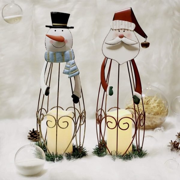 Decor 2 Pack Christmas Candle Lantern with LED Lights, Metal Lighted Santa Claus Lanterns for Christmas Holiday Home Decorations