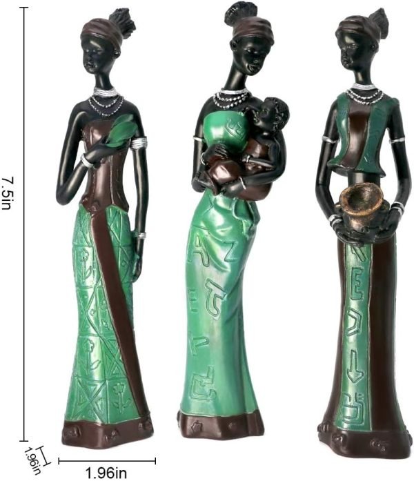 Decor 3 Pack African Women Sculpture,7.5" Women Figurines Exotic Tribal Lady Figurine Black Women Statue Home Office Decor Vintage Collectible Art Crafts Desktop Ornaments Decorations Gift (Green)