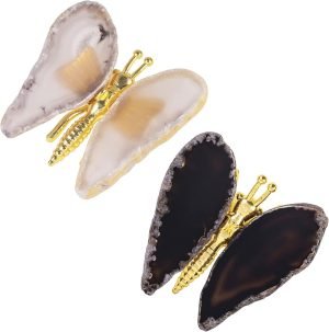 Decor 2pcs Agate Slice Butterfly Decorations, Golden Flying Butterfly with Colorful Stone Wings for Home Office Table Desktop Decor, Grey & Black