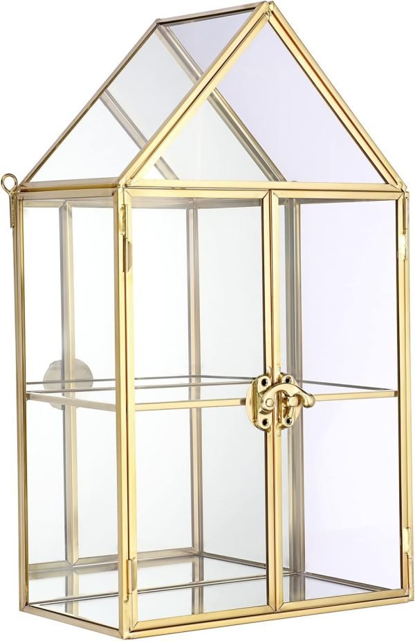 Decor 2 Tier Clear Glass Storage Box, Gold Mirrored Jewelry Makeup Display Organizer Case, Decorative Tower box Storage for Trinket Perfume Lipstick Figure Statue Toy Display, House Shape