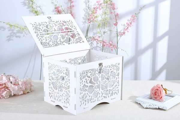 Decor Wedding Money Box Holder with Sign, Large Rustic Wood Wooden Envelop Gift Card Boxes with Lock Slot for Reception Anniversary Party Parties White