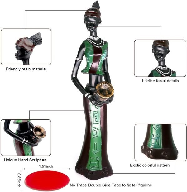 Decor 3 Pack African Women Sculpture,7.5" Women Figurines Exotic Tribal Lady Figurine Black Women Statue Home Office Decor Vintage Collectible Art Crafts Desktop Ornaments Decorations Gift (Green)