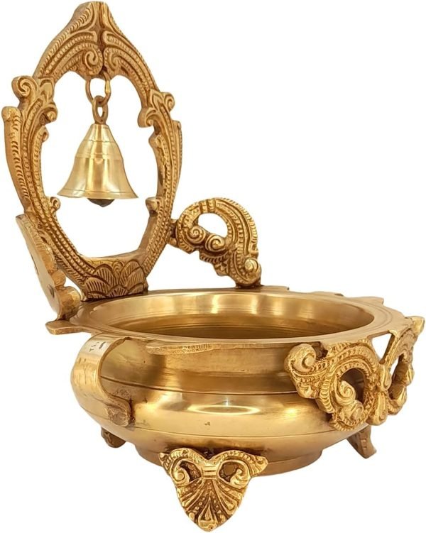 Decor A Beautiful Brass Designer Ethnic Carved Decorative Urli Bowl with Bell for Floating Flowers and Tea Light Candles Home,Office and Table D??cor