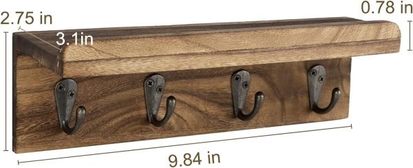 Decor Rustic Key Holder for Wall, Farmhouse Wall Shelf with 4 Hooks, Wall Mounted Key Racks, Wooden Mail Organizer with Hooks for Entryway (Brown)