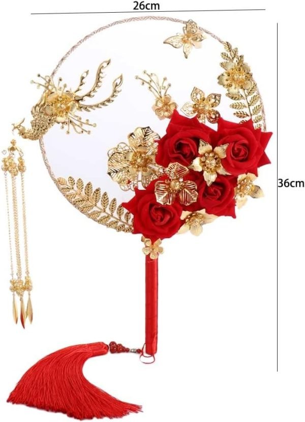 Decor 5pcs Chinese Wedding Retro Bride Gold Red Circular Fan Handmade Dragon and Phoenix Flower Decoration Craft Photography Jewelry Decoration Props(1/2/3/4/5)