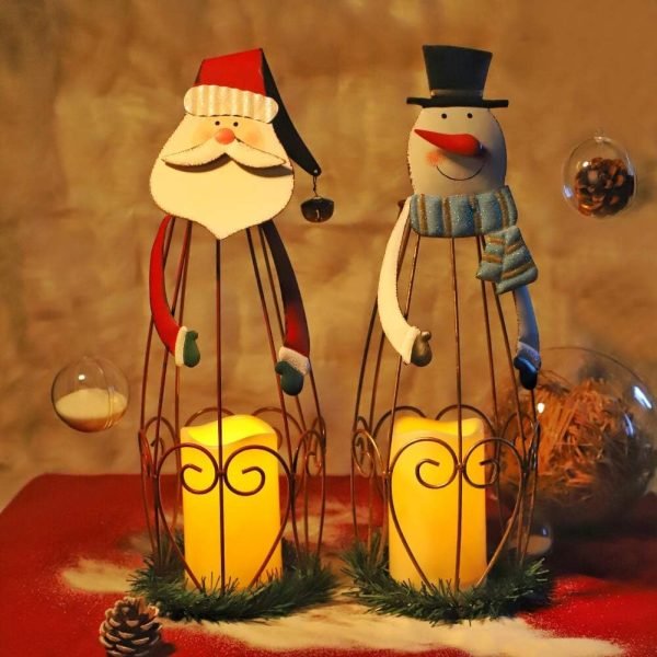 Decor 2 Pack Christmas Candle Lantern with LED Lights, Metal Lighted Santa Claus Lanterns for Christmas Holiday Home Decorations