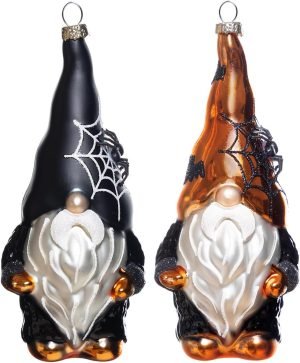 Decor Set of 2 Hand Blown Glass Halloween Gnomes Ornaments for Christmas Tree Decorations, Hanging Glass Halloween Gnome Christmas Ornaments