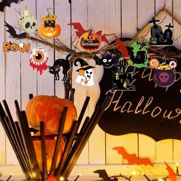 61lofIHkOlL._AC Decor Halloween Ornaments for Tree Decorations - Scary Pumpkin Skull Ghost Halloween Hanging Ornaments Paper Card, Halloween Tree Ornaments with Ropes for Trick or Treat Party Decor - Pack of 12