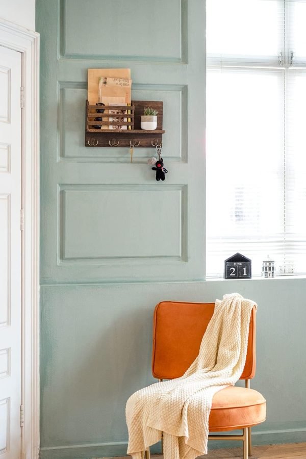 Decor Wall Mounted Mail Holder Wooden Key Holder Rack Mail Sorter Organizer with 4 Double Key Hooks and A Floating Shelf Rustic Home Decor for Entryway or Mudroom,15.7" W x9.3 Hx3.2 D, Brown