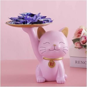 Decor Candy Dishes Decorative, Entryway Table Key Storage Tray, Cute Cat Resin Figurine, Gift for Friends, Colleagues, Family,White