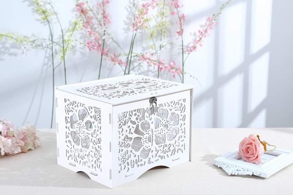 Decor Wedding Money Box Holder with Sign, Large Rustic Wood Wooden Envelop Gift Card Boxes with Lock Slot for Reception Anniversary Party Parties White