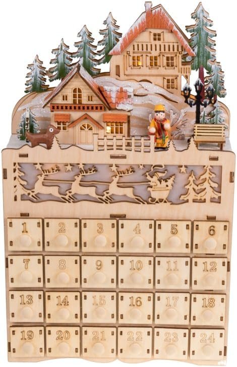 Decor Wooden Christmas Advent Calendar, Countdown to Christmas, LED Holiday Decoration, Battery Operated, Reindeer Village