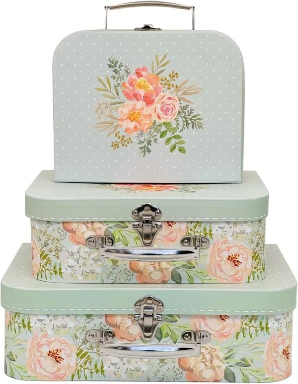 Decor Paperboard Suitcases (Set of 3) Decorative Storage Boxes Storage Gift Boxes With Lids for Photo Storage Home Decoration, Wedding, Birthday, Anniversary and New Year Gift Decoration (Blossom and Dots)