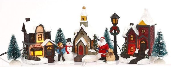 Decor Miniature LED Lighted 10-Piece Christmas Village Scene with Santa - Small Decorative Mini Light Up Tabletop Mantel Shelf Xmas Winter Decorations Home Decor