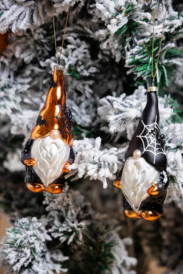 Decor Set of 2 Hand Blown Glass Halloween Gnomes Ornaments for Christmas Tree Decorations, Hanging Glass Halloween Gnome Christmas Ornaments