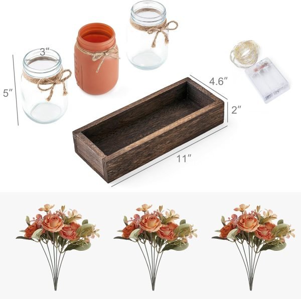 Decor Jar Lights Centerpiece Table Decorations for Dining Room Farmhouse Coffee Table Decor Tray with 3 Jars Flowers Christmas Centerpieces Decor for Kitchen Living Dining Room, Orange