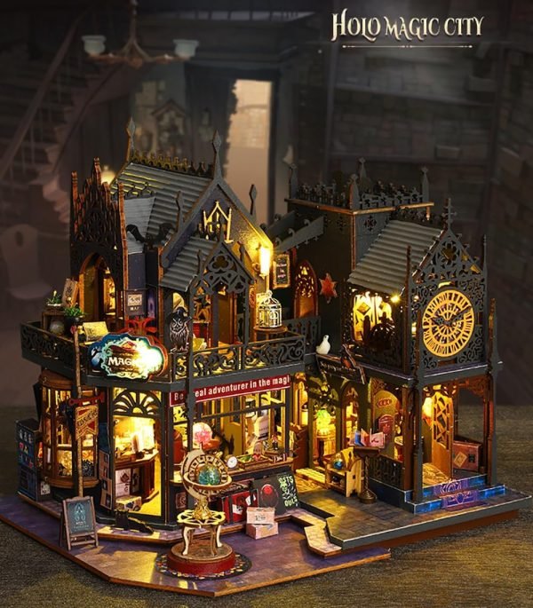 Decor DIY Miniature Dollhouse Kit Magic Castle,Tiny House to Build Live in,Mini Handmade Unzip 3D Wooden Puzzle Furnishing Decor Model(ES012-Holo Magic City)