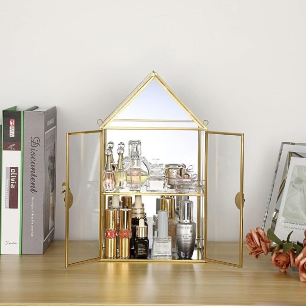 Decor 2 Tier Clear Glass Storage Box, Gold Mirrored Jewelry Makeup Display Organizer Case, Decorative Tower box Storage for Trinket Perfume Lipstick Figure Statue Toy Display, House Shape
