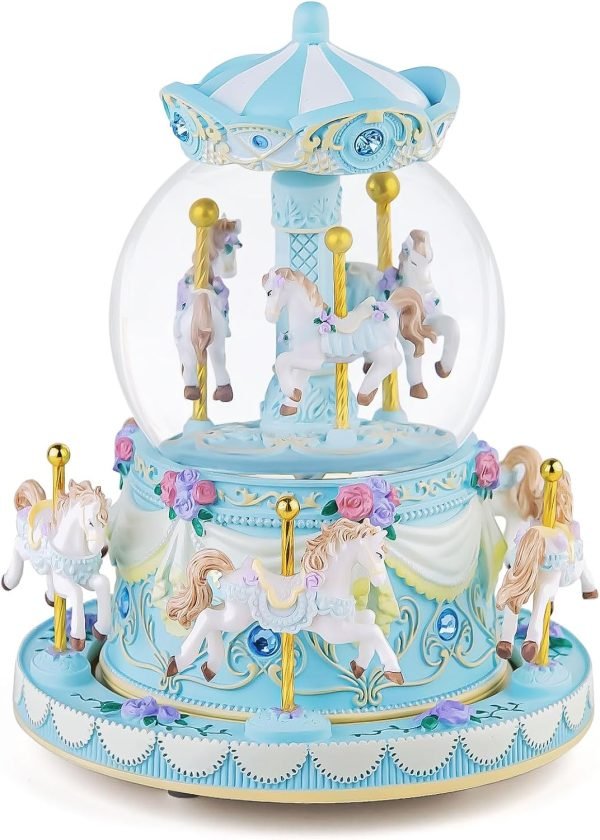 Decor Carousel Music Box Horse Gift, Remote Control Plug in Musical Snow Globe for Girls Women Daughter Wife, Usb Charge 8-Horse Snow Globes Birthday Anniversary Valentine Gift Play Multiple Songs