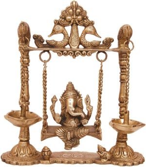 713ImuAnHTL._AC_SL1000 Decor Brass Ganesha Swing with Oil Lamp with Peacock Design | Home Decoration | Table Decoration | Temple Ornaments | Hand Crafted Indian Sculpture