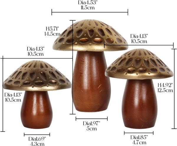 Decor Mushroom Statues, Coffee Table Decor, Mushroom Ornaments, Set of 3, Mushroom Decorations, Gold Wooden Mushrooms, Mushroom Decor Aesthetic, Mushroom Figurines