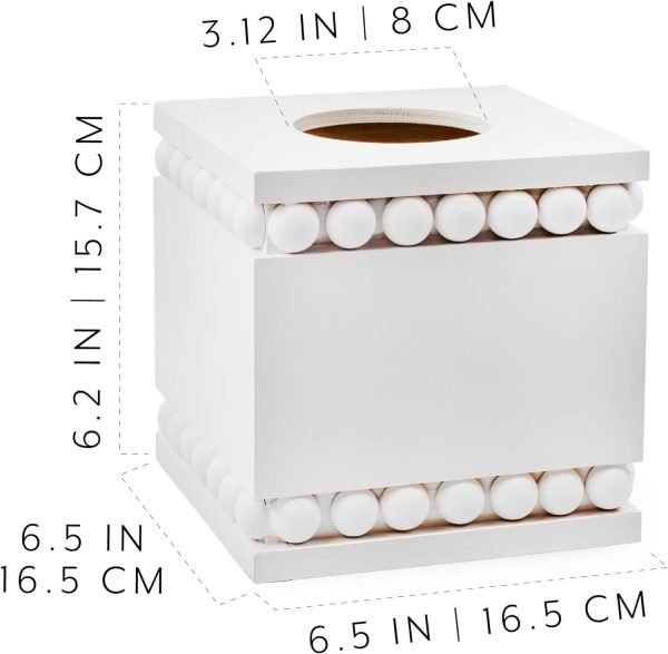 Decor Beaded Square Tissue Box Cover (White); Rustic Farmhouse Wood Tissue Holder