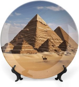 Decor Ancient Egypt Pyramid Ceramic Decorative Plate Bone China Decorative Plates with Display Stand Dinner Plates Art Crafts Ceramic Ornaments for Wall Hanging Decoration