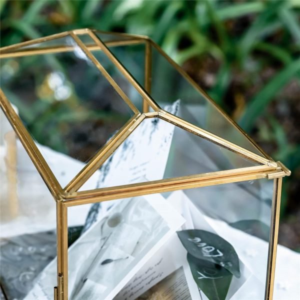 Decor 10.2" x 5.9" x 7.9" Small Glass Cards Box with Slot and Lock for Wedding Reception - Birthdays Party Card Holder, Home Geometric Decorative, Clear Gold Terrarium (Glass Box Only)