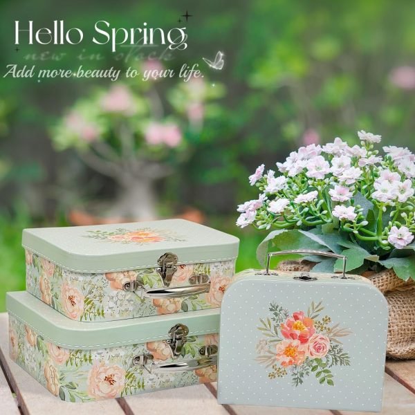 Decor Paperboard Suitcases (Set of 3) Decorative Storage Boxes Storage Gift Boxes With Lids for Photo Storage Home Decoration, Wedding, Birthday, Anniversary and New Year Gift Decoration (Blossom and Dots)