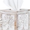 Decor Wood Carved Tissue Box Cover Square Tissue Holder Whitewashed Tree of Life Design Rustic Vintage Home Decor for Bathrooom Bedroom Living Room