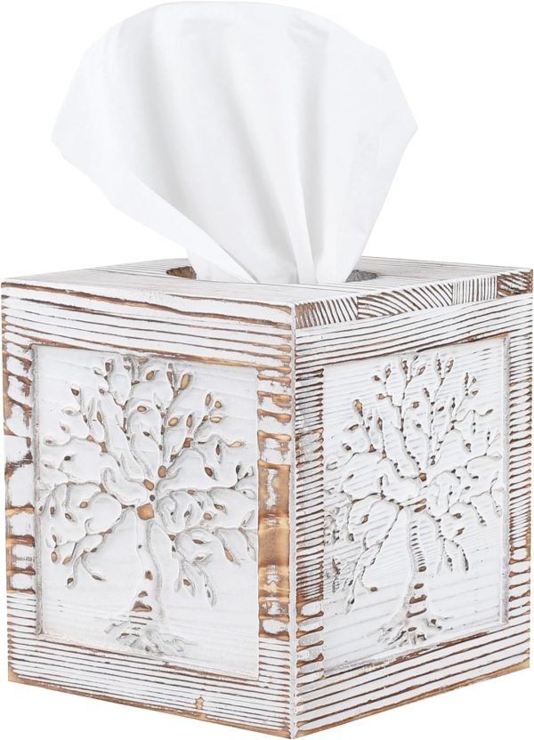 Decor Wood Carved Tissue Box Cover Square Tissue Holder Whitewashed Tree of Life Design Rustic Vintage Home Decor for Bathrooom Bedroom Living Room