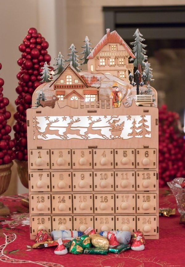 Decor Wooden Christmas Advent Calendar, Countdown to Christmas, LED Holiday Decoration, Battery Operated, Reindeer Village