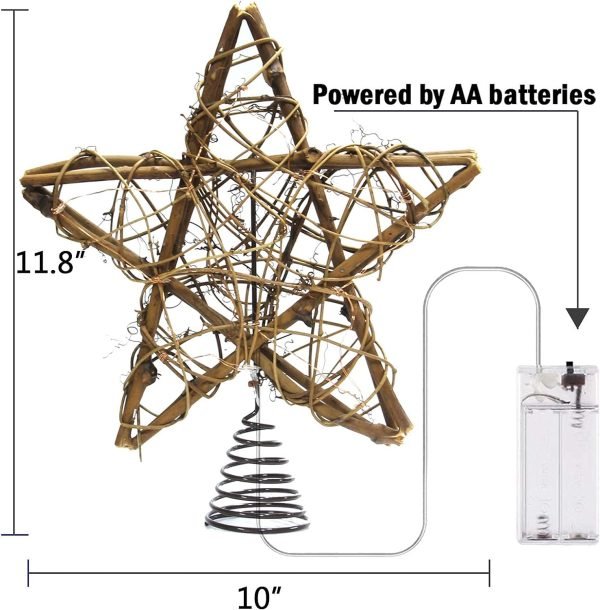 Decor Christmas Tree Topper Farmhouse Christmas Decor Christmas Tree Decorations Rattan Natural Christmas Tree Star with 10 Warm LED Lights for Rustic Christmas Ornaments Holiday Seasonal Decoration 10 Inch