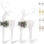 Decor 2pc Set White Pinecone Rattan Thread String Christmas Reindeer Figurine Table Desk Decorations Glittering Xmas Holiday Party Supply