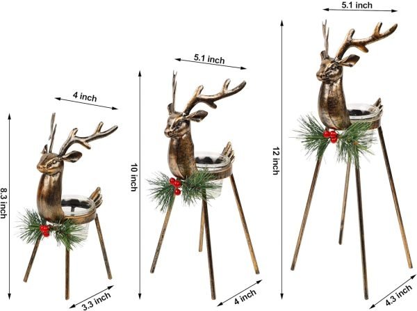 Decor Set of 3 Reindeer Tealight Candle Holders, Standing Iron Metal Christmas Decorations, Glass Votive Candle Holder, Durable and Rust-Proof Holiday Tabletop Centerpiece and Display
