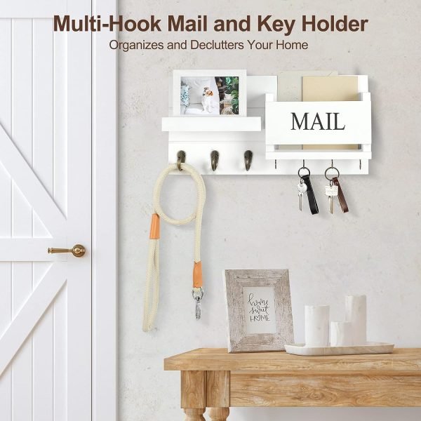 Decor Organizer for Wall Mount ?C Key Holder with Shelf Includes Letter Holder and Hooks for Hallway Farmhouse Decor ?C Rustic Wood with Flush Mounting Hardware (16.5?? x 9.1?? x 3.4??) (White)