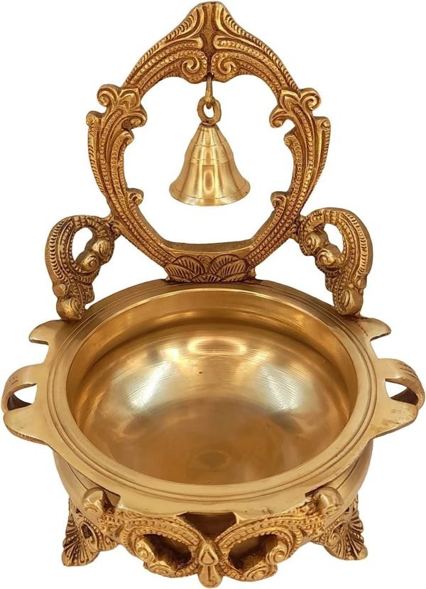 Decor A Beautiful Brass Designer Ethnic Carved Decorative Urli Bowl with Bell for Floating Flowers and Tea Light Candles Home,Office and Table D??cor
