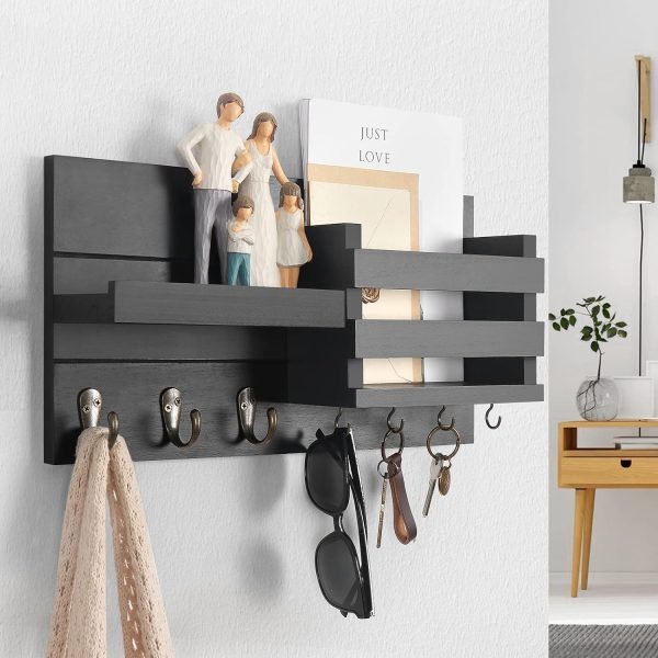 Decor Mail Organizer for Wall Mount ?C Key Holder with Shelf Includes Letter Holder and Hooks for Coats, Dog Leashes ?C Rustic Wood with Flush Mounting Hardware (16.5?? x 8.7?? x 3.5??)